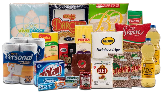Cesta de alto volume para revenda, com alimentos, higiene e limpeza
