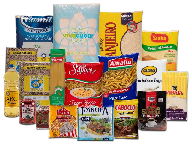 Cesta da linha de alimentos, com itens de despensa
