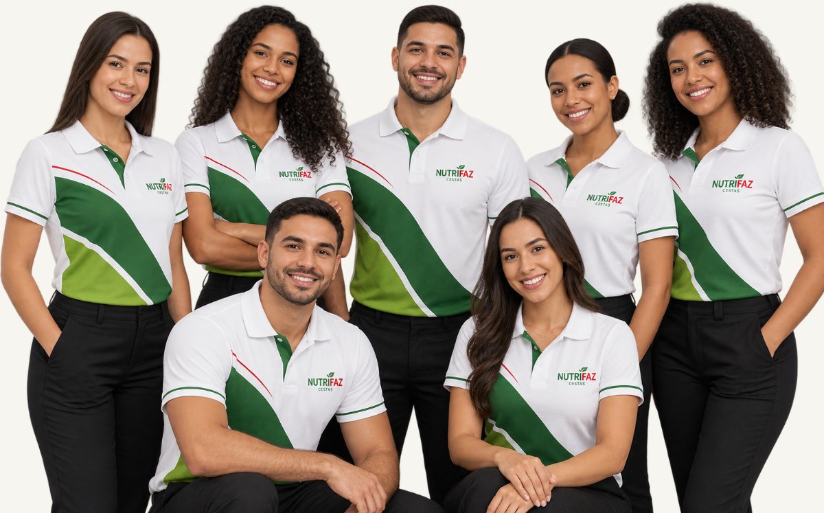 Sete pessoas de uniforme polo branco e verde com a marca Nutrifaz, reunidas para um retrato de grupo