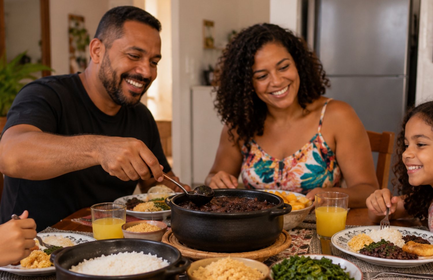 Família reunida em casa para o almoço, com arroz, feijão, farofa e couve na mesa
